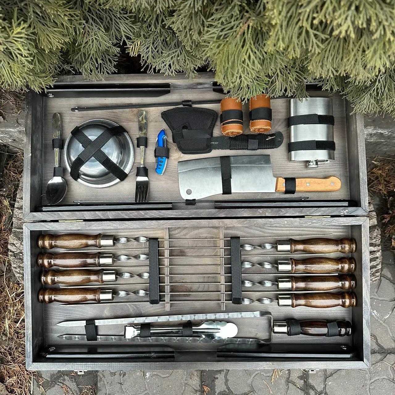 Подарунковий набір шампурів Mzavod Пікнік із нержавіючої сталі в дерев’яному кейсі-стілі 680x300x110 мм (136-17-1191510000860) - фото 6