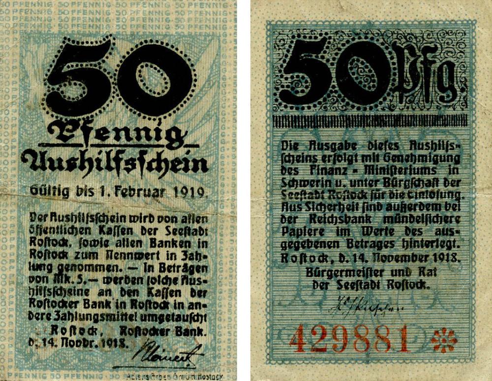 Коллекционная банкнота Германия Нотгельд 50 пфеннигов 1918 F-VF Росток (Б18734)