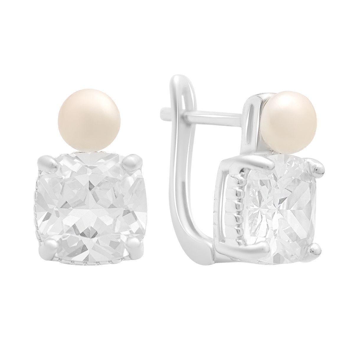 Серьги серебряные LoveR с натуральными жемчужинами белого цвета и прозрачными фианитами квадратной формы объемные