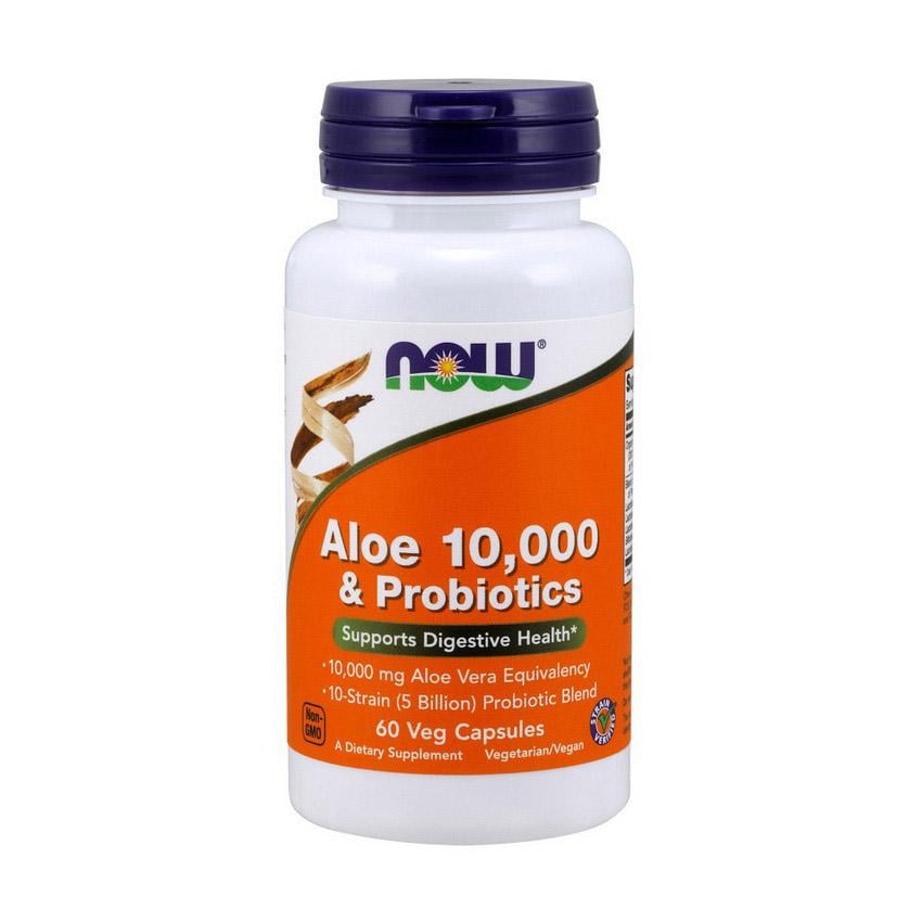 Алоэ вера с пробиотиками NOW Aloe 10000 & Probiotics 5 млрд КОЕ 10 штаммов 60 вег. капс.