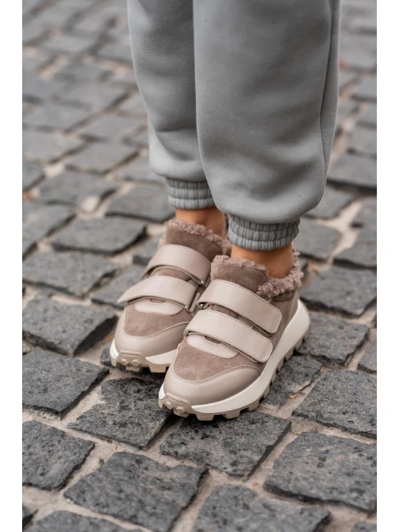 Кроссовки женские кожаные с замшевыми вставками на меху р. 37 24 см Бежевый - фото 5