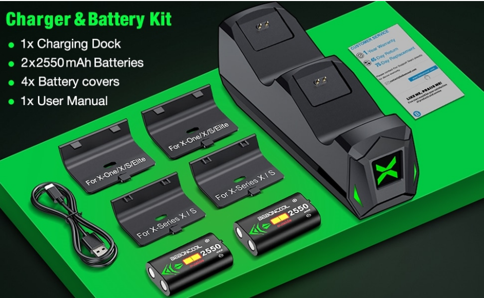 Док-станція BEBONCOOL + 2 акумулятора 2550 mAh для геймпадів Xbox One (S/X) / Elite / Series (S/X) / Чорний - фото 7 Док-станція BEBONCOOL + 2 акумулятора 2550 mAh для геймпадів Xbox One (S/X) / Elite / Series (S/X) / Чорний - фото 7