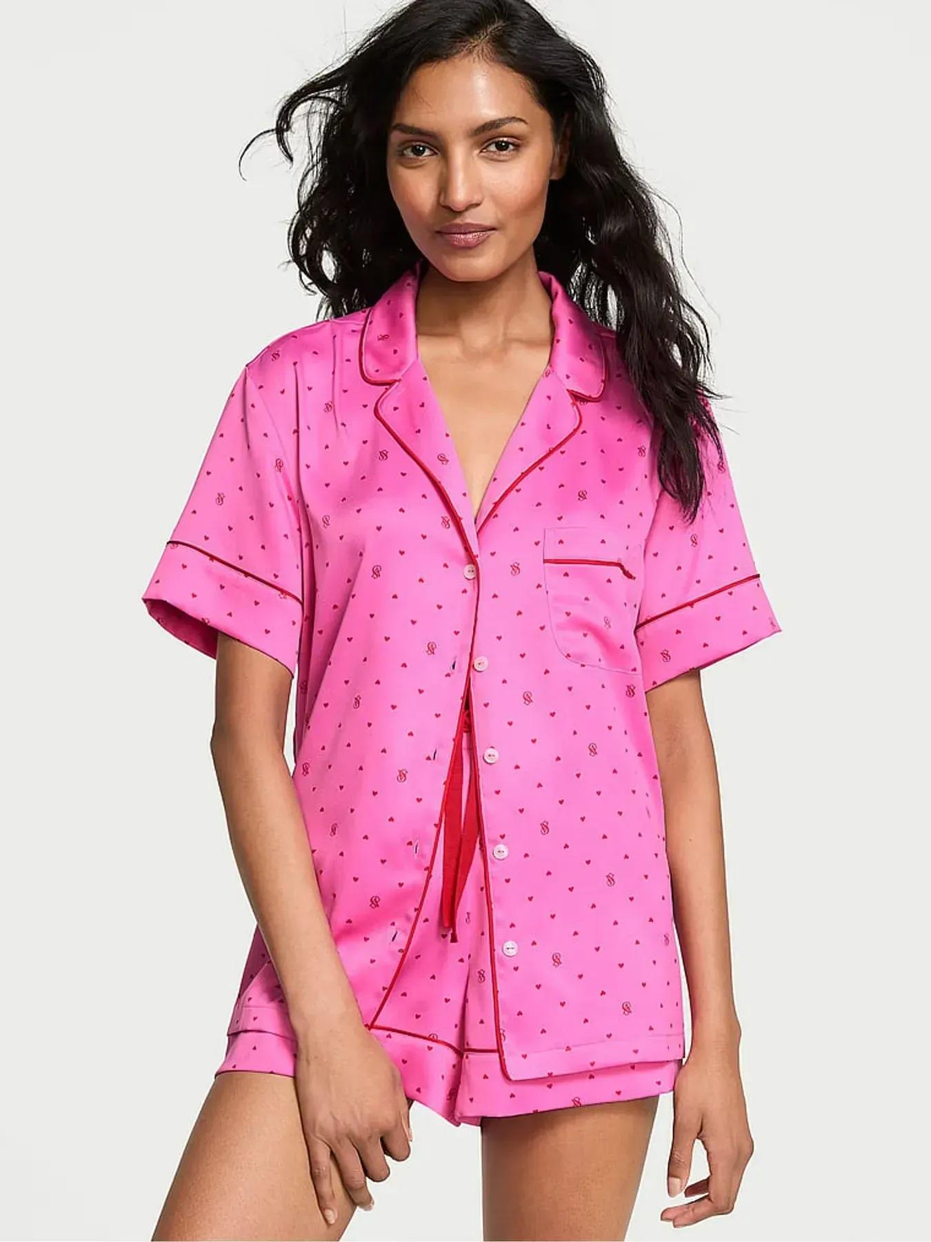 Піжама сатинова сорочка/шорти Victoria's Secret Glazed Satin Short Pajama Set M Рожевий (26985636)