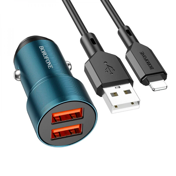 Зарядное устройство автомобильное Borofone BZ19 Wisdom 2USB/2,4A Lightning Blue
