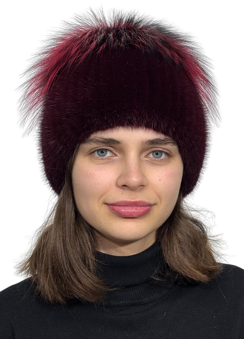 Зимняя шапка из вязаной норки Меховой стиль Шарик-разрез с бубоном из чернобурки M-L Марсала (115/4/L)