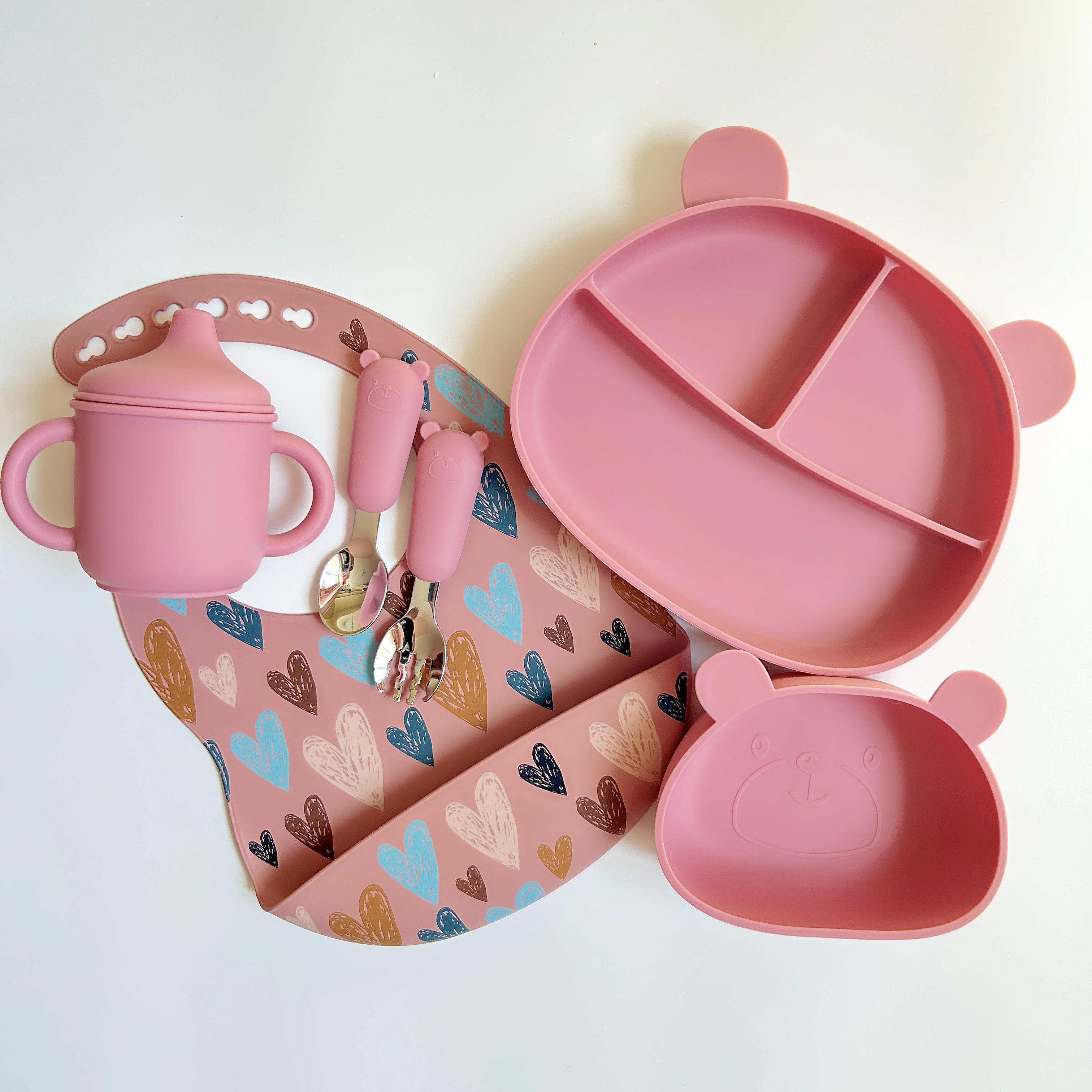 Набір дитячого посуду для прикорму BPR img_e5358 Ведмедики силіконовий із залізними приборами Pink (29041395)