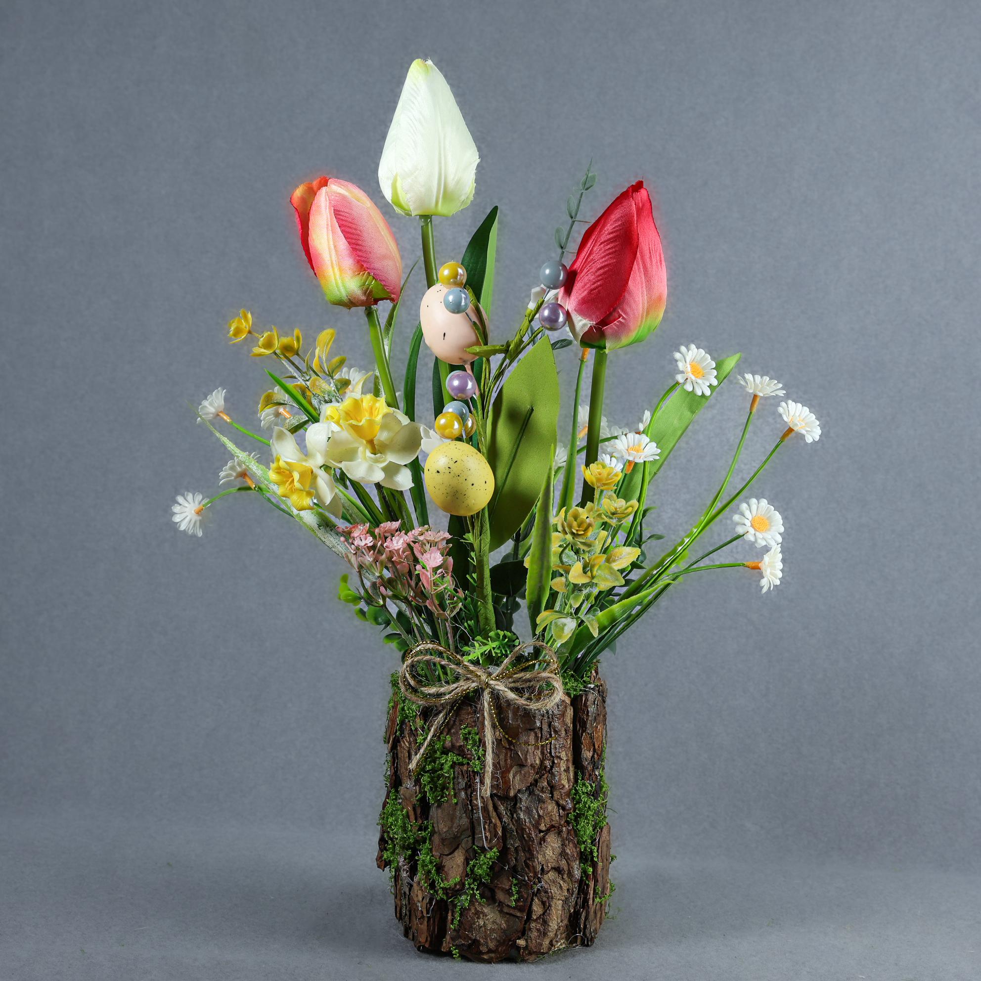 Композиция пасха GALA DECOR в кашпо из натуральной коры с красными тюльпанами 30 см