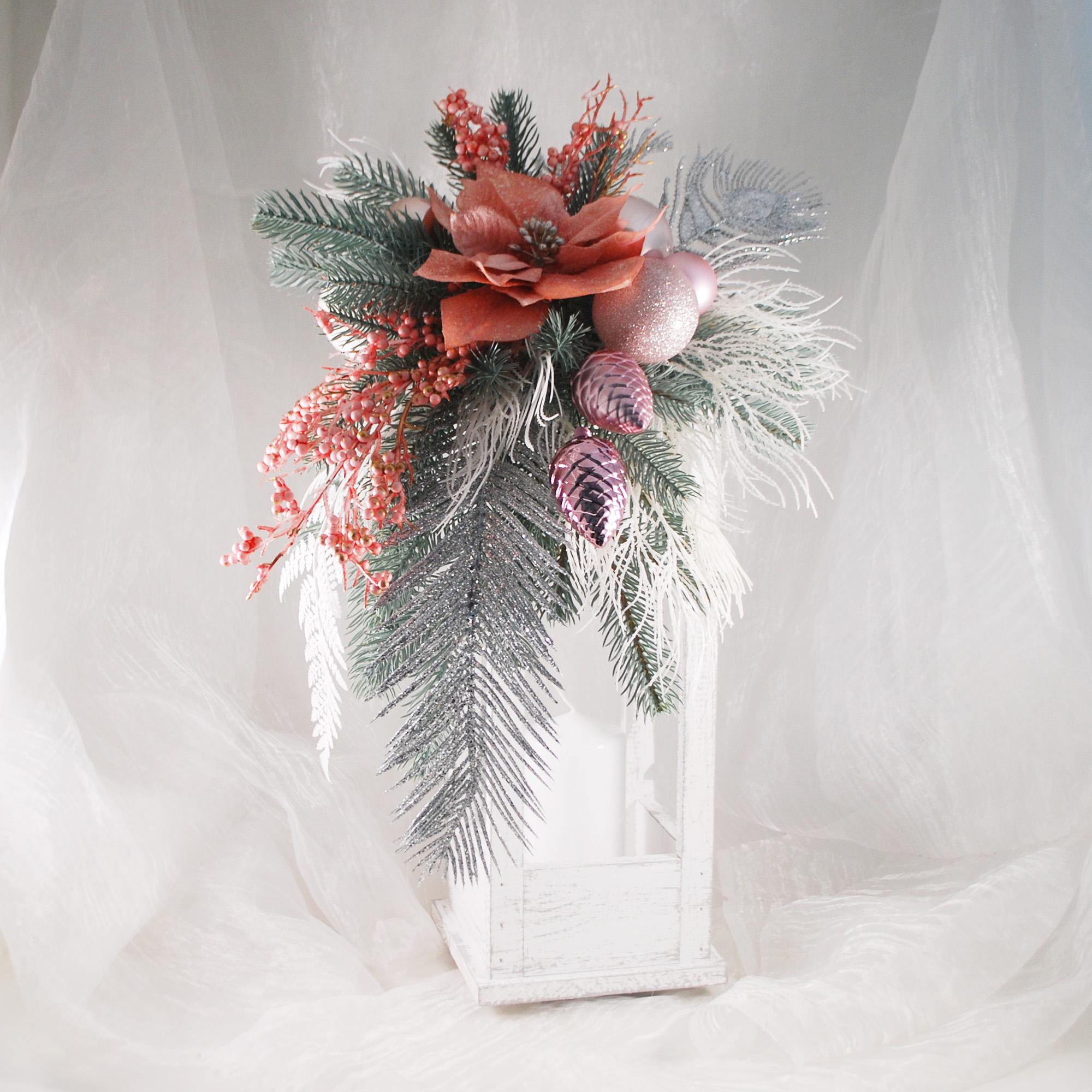 Новогодний декоративный фонарь-подсвечник 53 см Розовый/Белый (5722037)