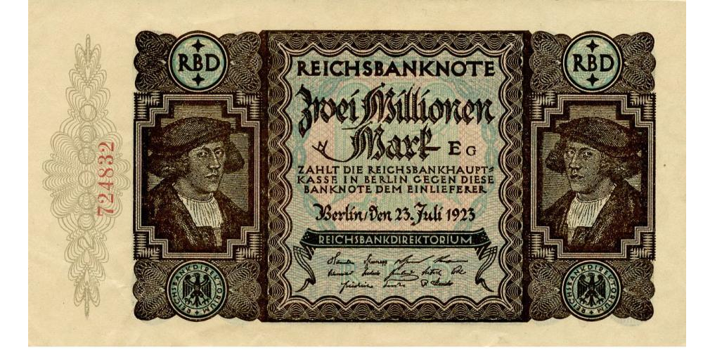 Коллекционная банкнота Германия 2000000 марок 1923 VF-AU 2 миллиона (P89a)