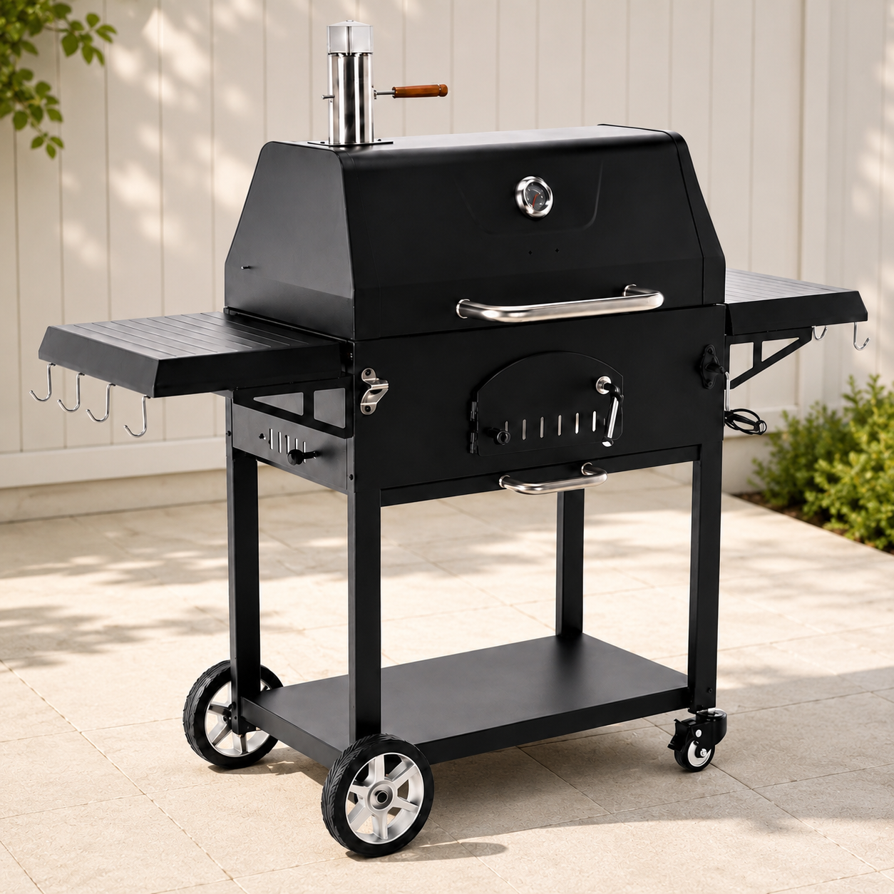 Гриль-барбекю VULCANO BBQ5221 з чавунними решітками на колесах вугільний з розкладними полицями 153x65x137 см