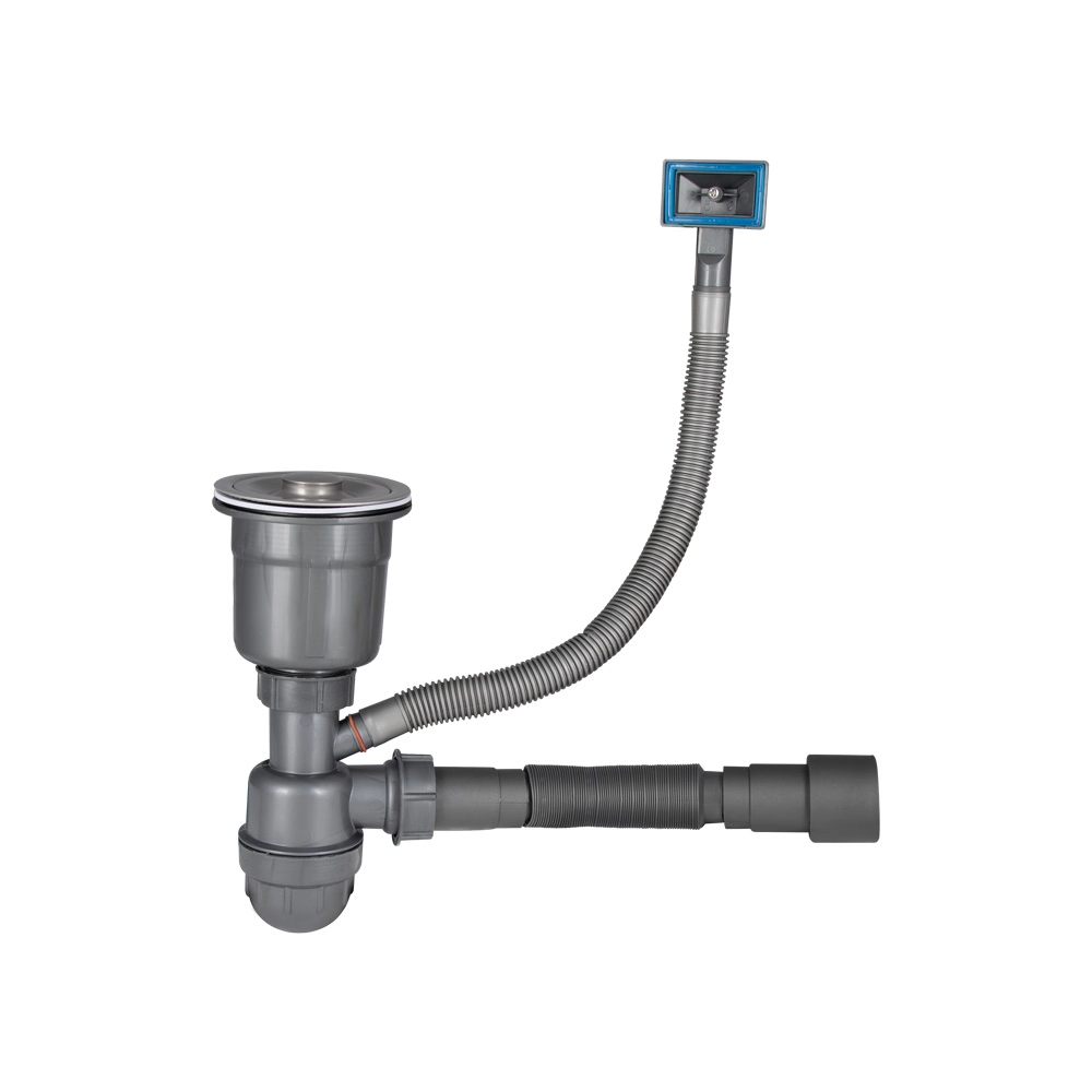 Сифон для кухонної мийки Lidz LK16 Bruch PVD випуск 115 мм колбовий з квадратним переливом вихід гофри 40/50 мм Grey (51310)