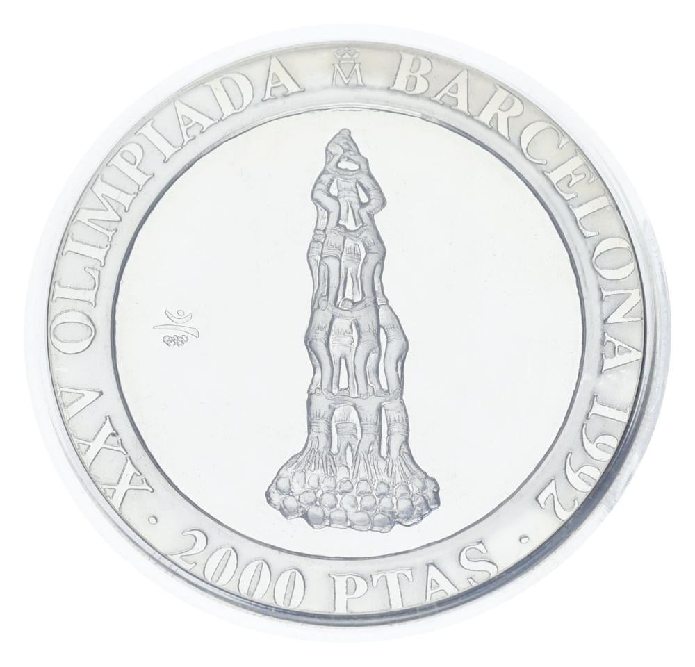 Коллекционная монета Испания 2000 песет 1990 Серебро Proof XXV летние Олимпийские игры в Барселоне 1992-Человецкая пирамида (М23311)