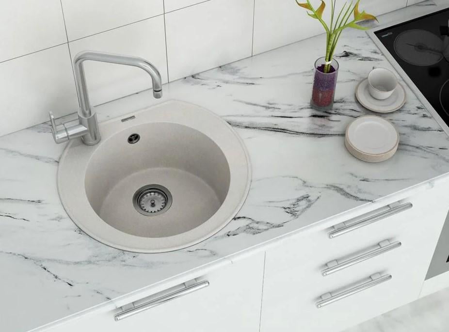 Мойка для кухни Diamant Round гранитная со смесителем и сифоном Бежевый