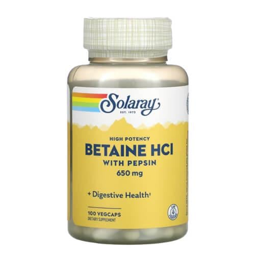 Бетаин Solaray High Potency Betaine HCL with Pepsin 650 мг 100 veg capsules (SOR-04814)