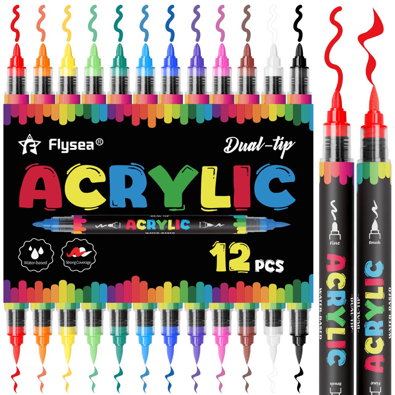 Маркери акрилові двосторонні Flysea Dual Tip 12 кольорів м'який пензлик/жорсткий наконечник (aft12)
