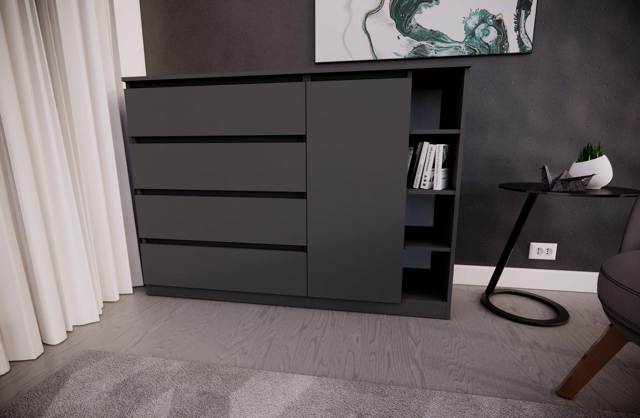 Комод MEBEX на 4 шухляди з боковими полицями 140х40х100 см Сірий темний (VERTO4B1400DG) - фото 1 Комод MEBEX на 4 шухляди з боковими полицями 140х40х100 см Сірий темний (VERTO4B1400DG) - фото 1