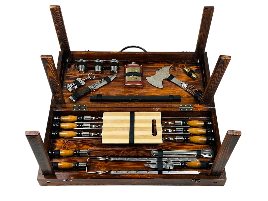 Набор шампуров Волк МАХ трансформер из нержавеющей стали в деревянном кейсе Коричневый (14-10-KS-7301)