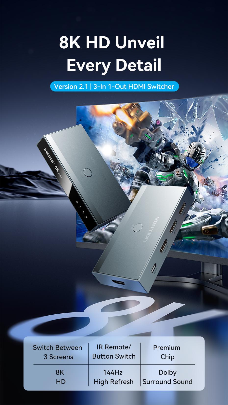 Комутатор Hdmi Vention алюмінієвий 3 1 Сірий (AKRH0) - фото 2 Комутатор Hdmi Vention алюмінієвий 3 1 Сірий (AKRH0) - фото 2