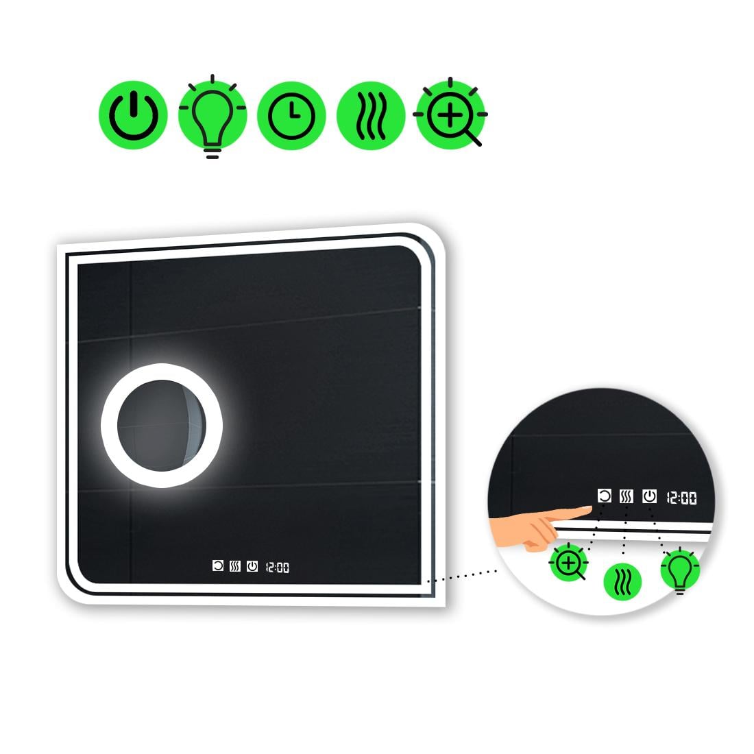 Зеркало с LED подсветкой Federica с тремя сенсорами/подогревом и линзой с подсветкой 60x60 см (Federicak11)