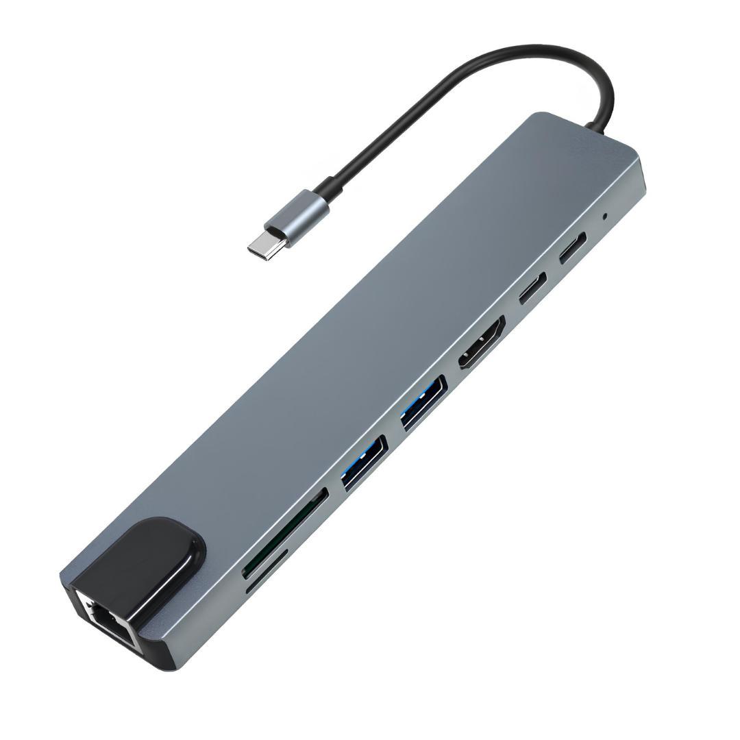 USB-хаб XON E-Tech SmartHub 8в1 Ethernet/HDMI SD/TF 2хType-C/USB3.0/USB2.0 Серый (UHCHP083312G 4425)