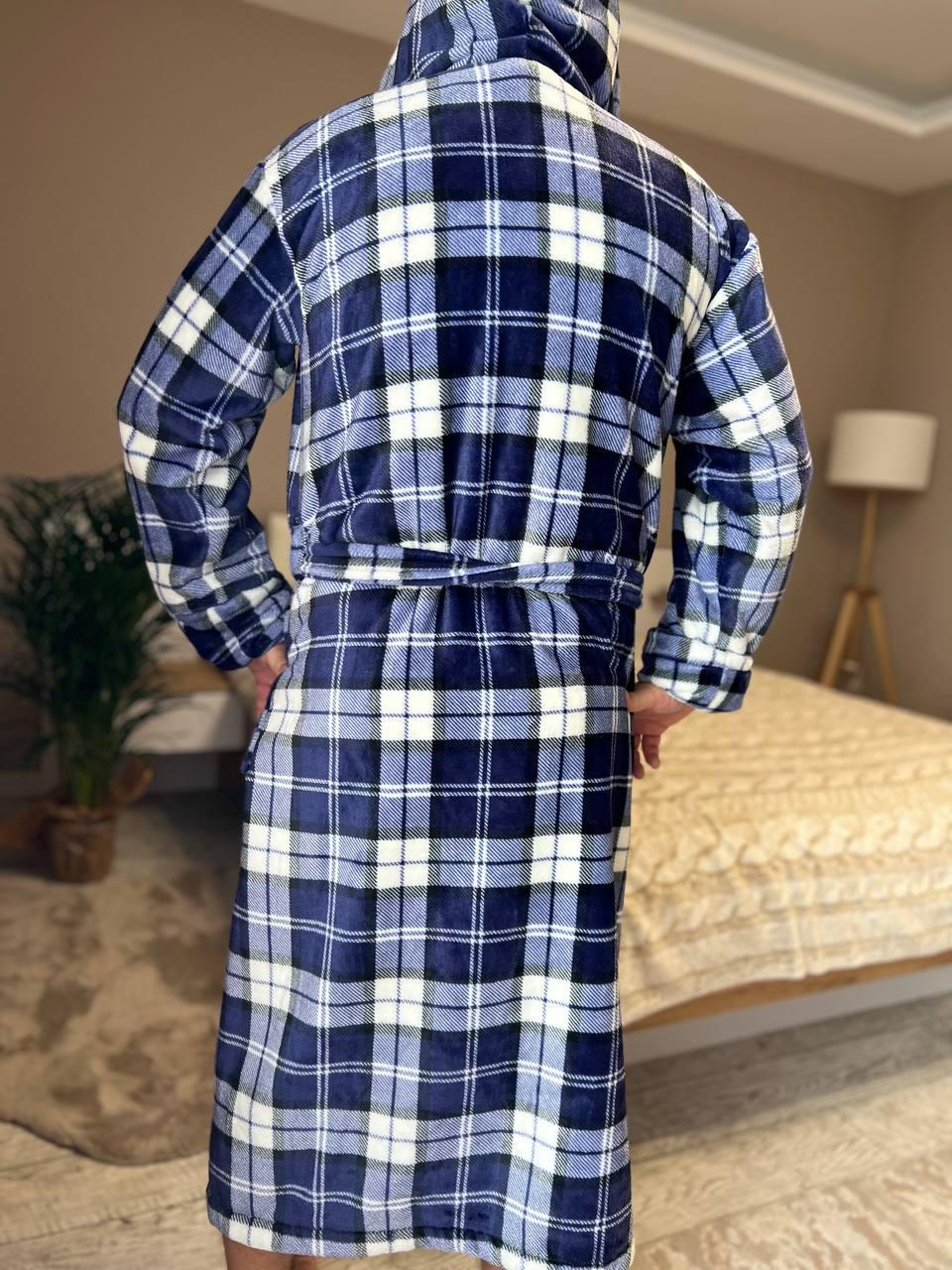 Халат мужской махровый в клеточку L Синий (22936511) - фото 5 Халат мужской махровый в клеточку L Синий (22936511) - фото 5