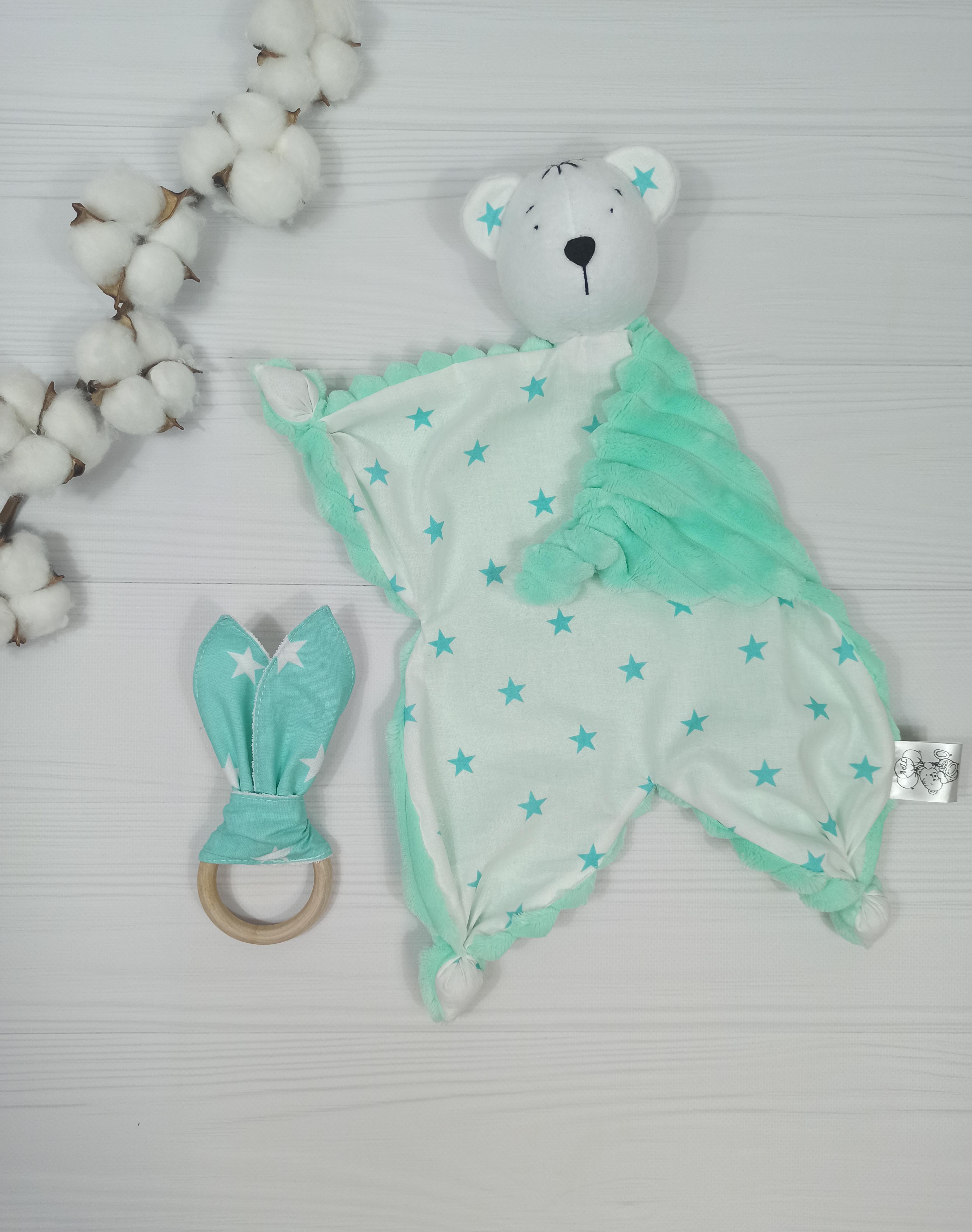 Игрушка комфортер Мишка и эко грызунец Шуршащие ушки a.l.babybox Звезды Мятный (KG 18168233)