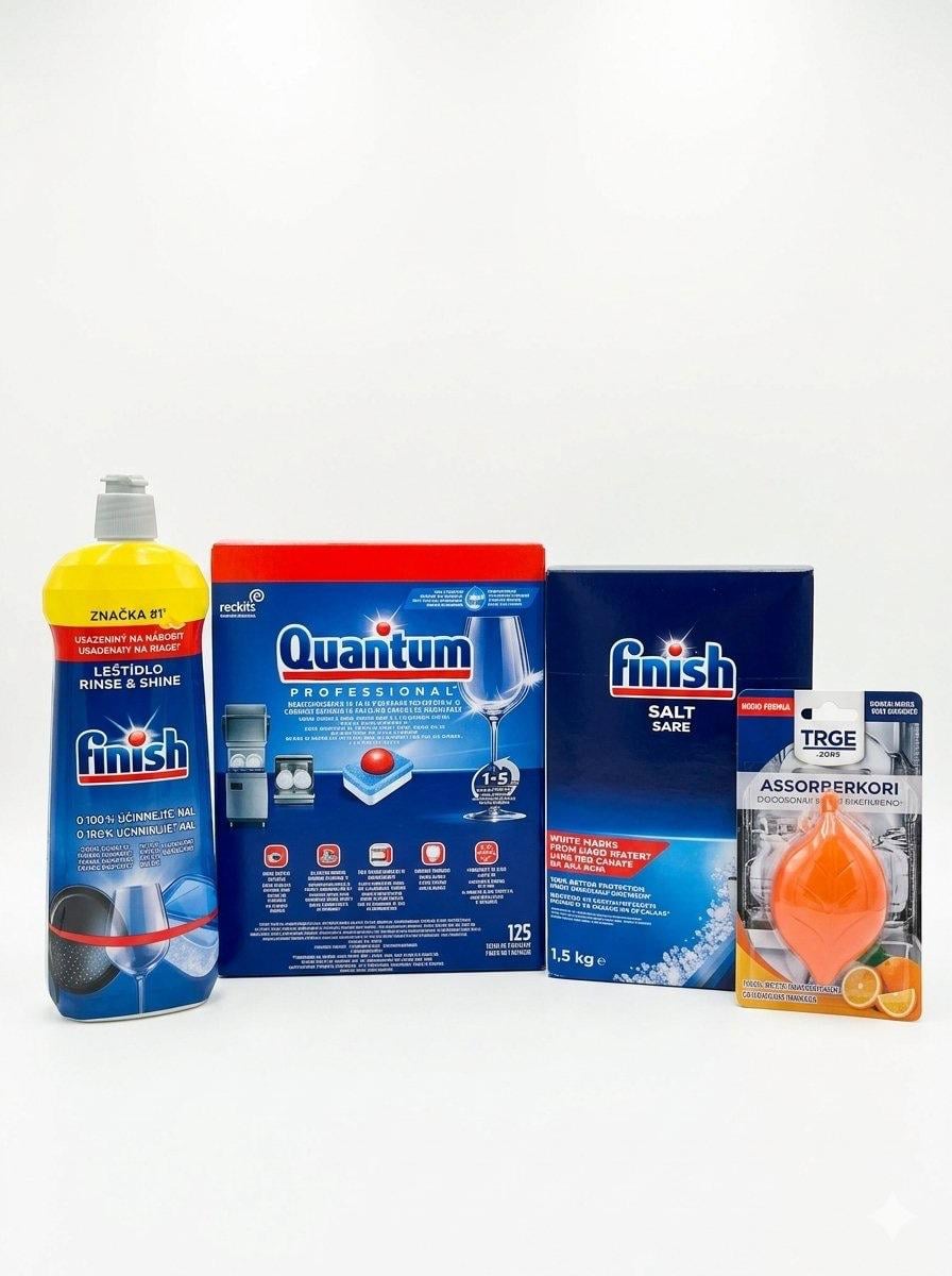 Набор для посудомоечной машины Finish Quantum Professional 125 шт./соль 1,5 кг/ополаскиватель Lemon Набор для посудомоечной машины Finish Quantum Professional 125 шт./соль 1,5 кг/ополаскиватель Lemon