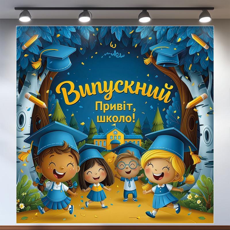 Баннер для фотозоны для садика "Випускний Привіт школо" с детьми в академических шапках 120х120 см Баннер для фотозоны для садика "Випускний Привіт школо" с детьми в академических шапках 120х120 см