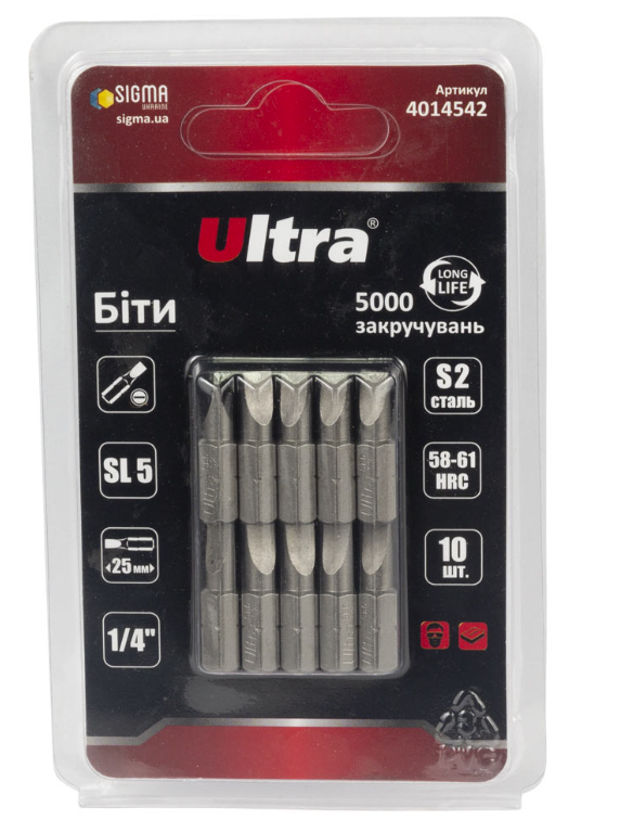 Биты Ultra SL5x25 мм 1/4" 10 шт. S2 в блистере (4014542)