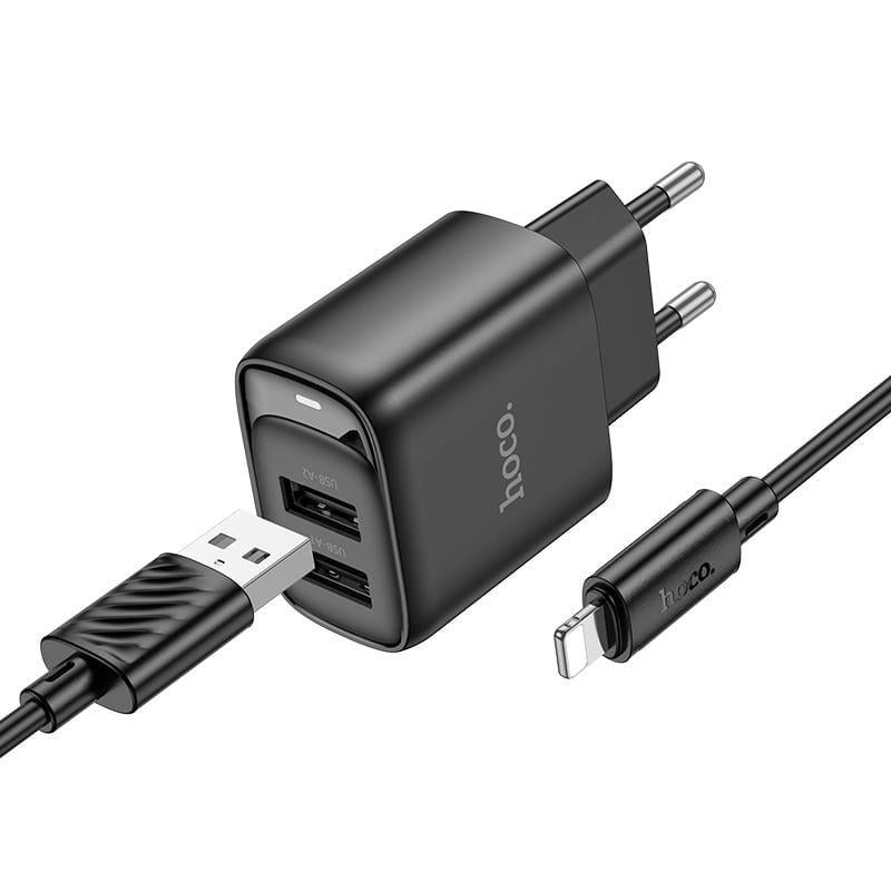 Зарядний пристрій мережевий з кабелем Hoco C141A Smart dual-port charger set iP Black (6942007627863)