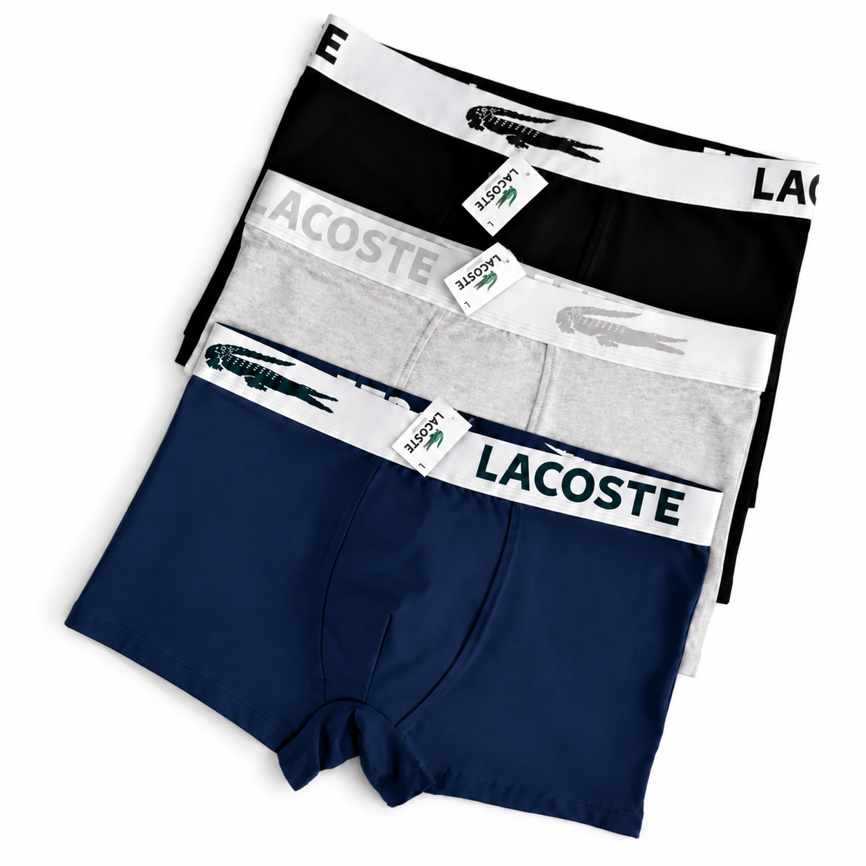 Комплект мужских трусов в стиле Lacoste с белой резинкой 3 шт. ХL Черный/Серый/Темно-синий (LC01-3-03)