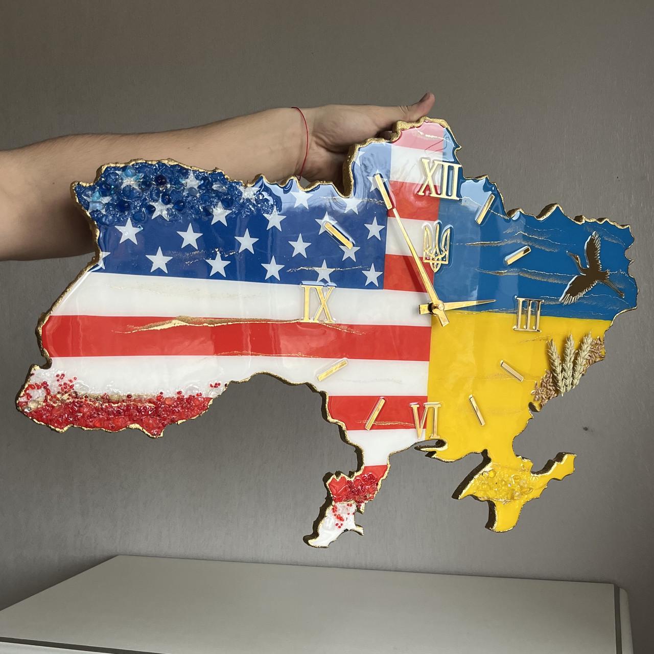 Часы настенные из эпоксидной смолы Карта Украины с США 50x32 см
