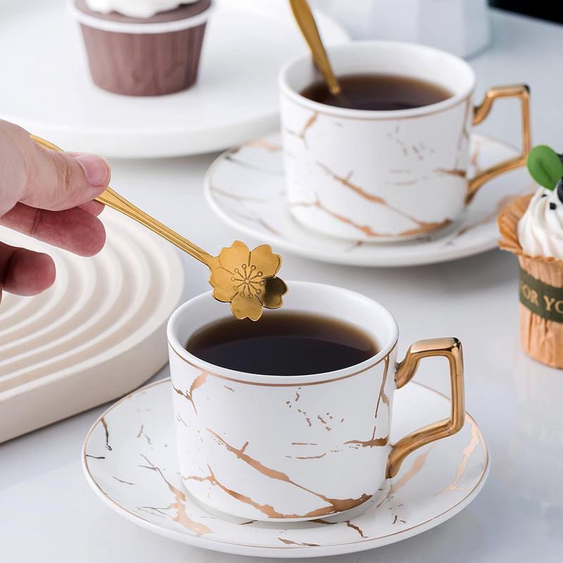 Сервиз чайный подарочный Lesko Мраморная роскошь чашки 4 шт./блюдца 4 шт./ложки 4 шт. с подставкой White (28525228) - фото 2