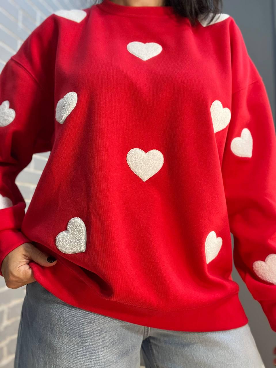 Свитшот женский W 2975 удлиненный махровые сердца OS Красный (2406) - фото 5 Свитшот женский W 2975 удлиненный махровые сердца OS Красный (2406) - фото 5