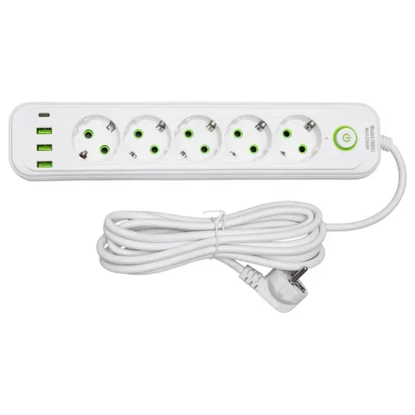 Фільтр-подовжувач мережевий 5 розеток 3 USB-A 1 Type-C кабель 3 м Білий