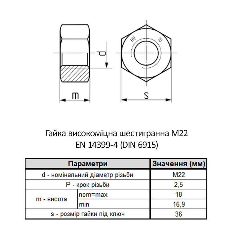 Гайка шестигранна Metalvis M22 EN14399/4 сталь 10 крок 2,5 під ключ 36 мм без покриття 60 шт. (6HV0000006HV2200EM) - фото 2