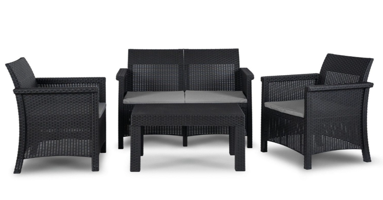 Комплект садових меблів Mebel Elite Brenta диван/2 крісла/стіл Чорний/Сірий (ME.BRENTA/CZ/RT/OGR/ZES) Комплект садових меблів Mebel Elite Brenta диван/2 крісла/стіл Чорний/Сірий (ME.BRENTA/CZ/RT/OGR/ZES)