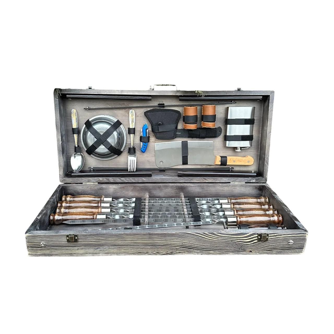 Подарунковий набір шампурів Mzavod Пікнік із нержавіючої сталі в дерев’яному кейсі-стілі 680x300x110 мм (136-17-1191510000860)