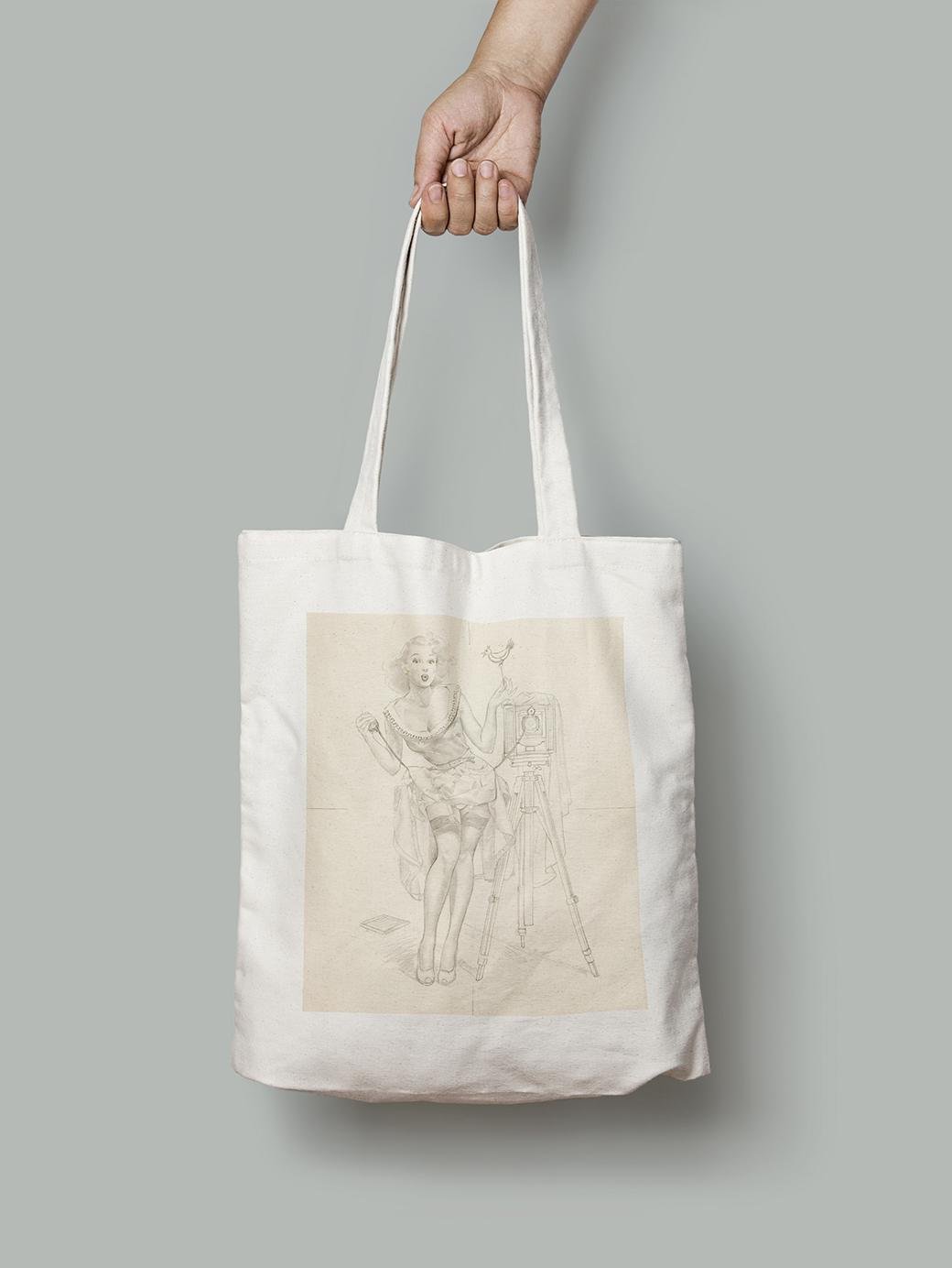 Эко-сумка Секси фотограф. Эскиз карандашом. Воан Олден Басс шопер (pin_up010287_Bag)