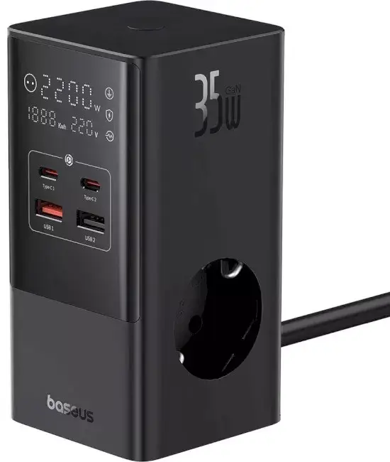 Зарядное устройство сетевое BASEUS Power Combo Tower Digital Power Strip 3AC/2USB/2Type-C with Power Cord E00023606113-00 35W 1,5 м Black