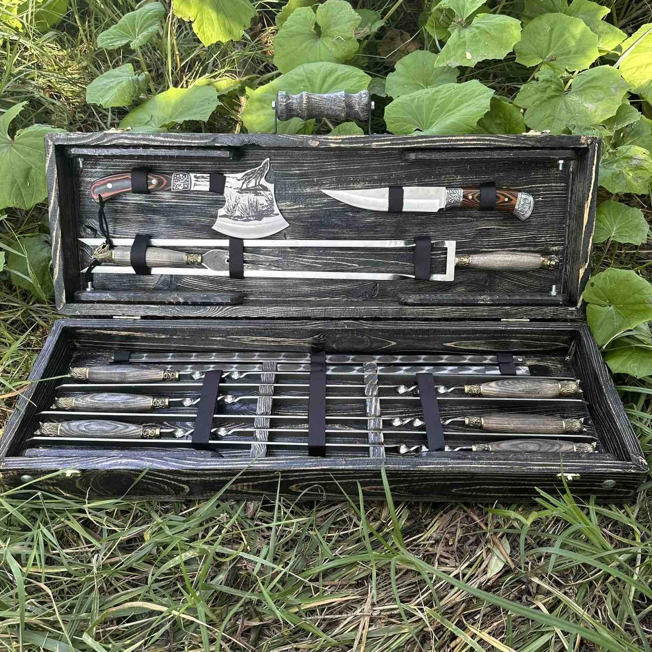 Набор шампуров АКЕЛА ручной работы в брошированном деревянном кейсе-трансформере (2730196527)