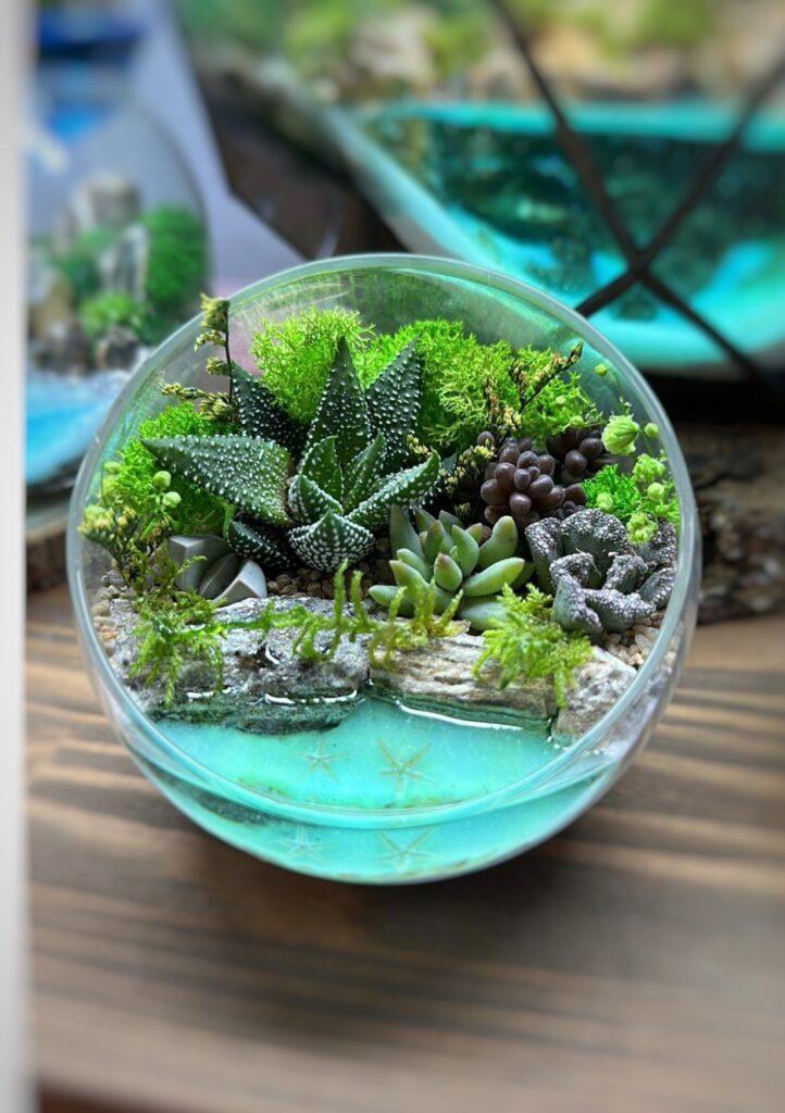 Флорариум с суккулентами и имитацией водоема 10х9 см