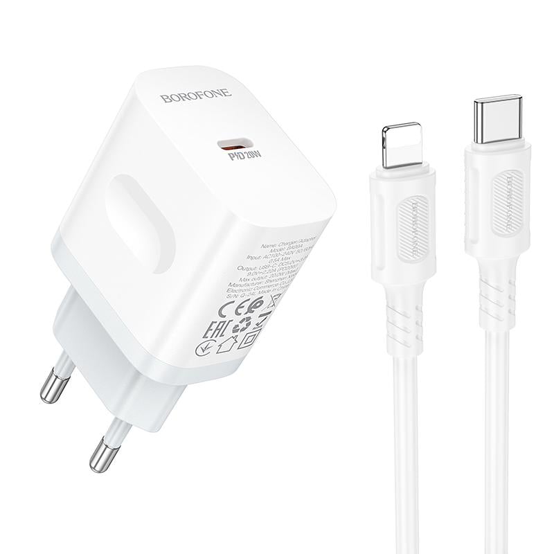 Зарядное устройство для телефона с кабелем Borofone BA99A Breeze single port PD20W charger set White (19142) Зарядное устройство для телефона с кабелем Borofone BA99A Breeze single port PD20W charger set White (19142)