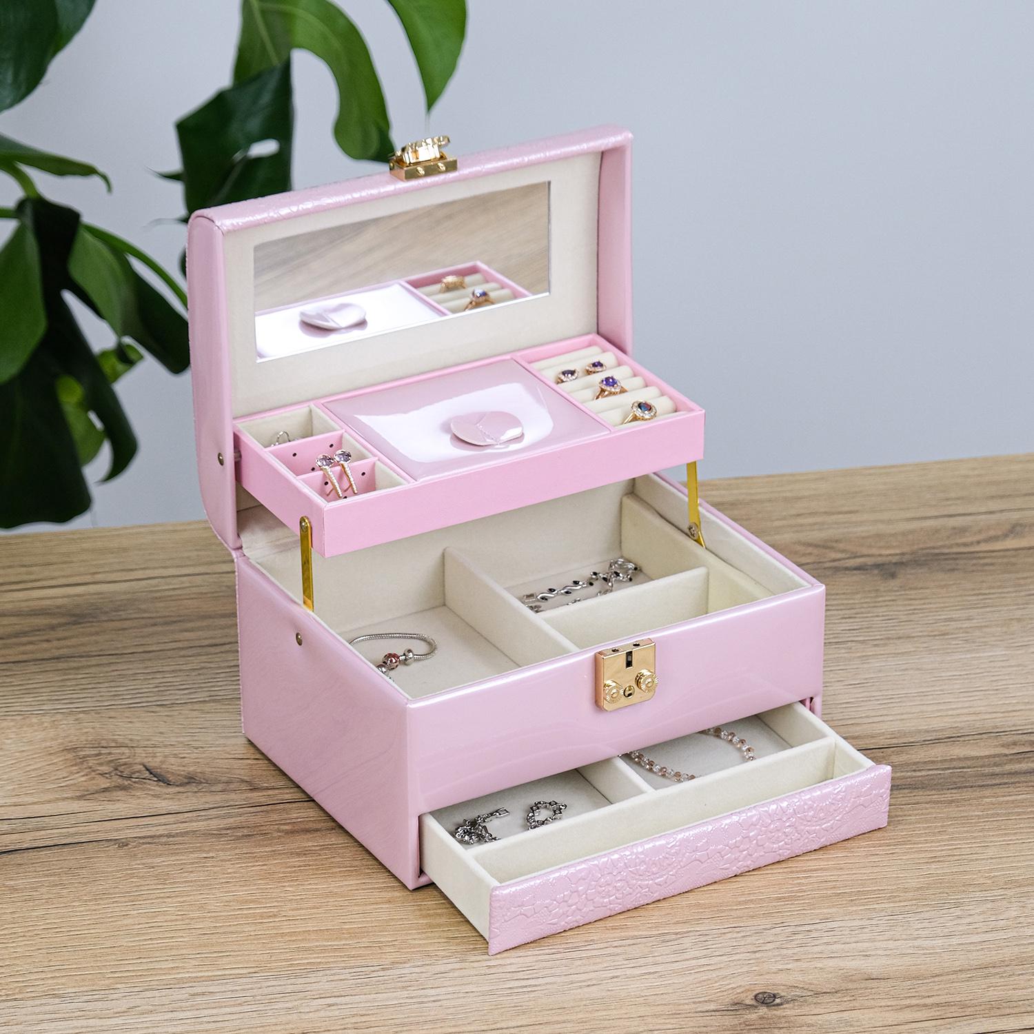 Ящик для украшений Гранд Презент трехслойный с зеркалом 22х16,5х13 см Пудровый (JZ-018-2)