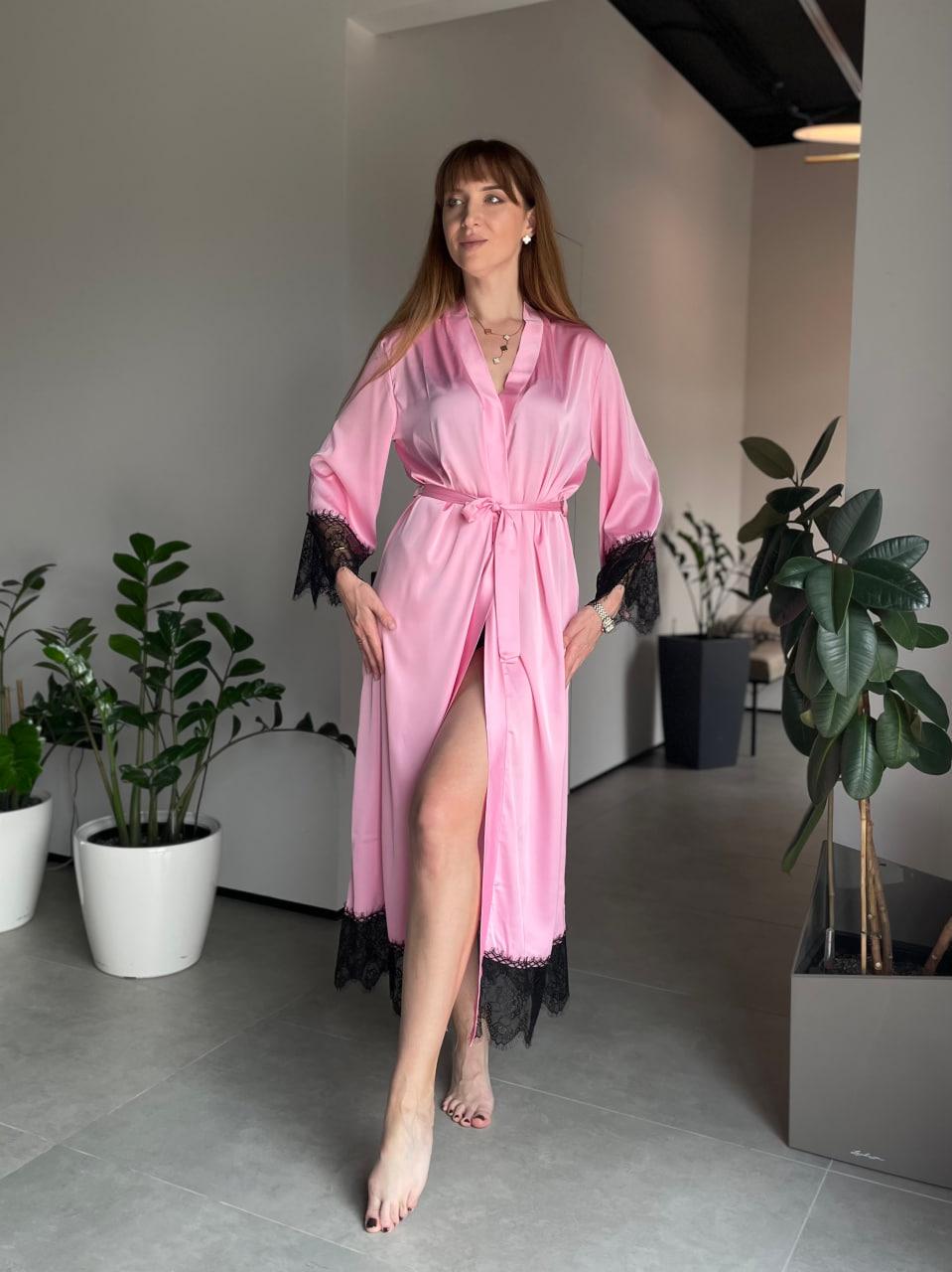 Халат женский длинный шелковый с кружевом L Розовый (2640002499)