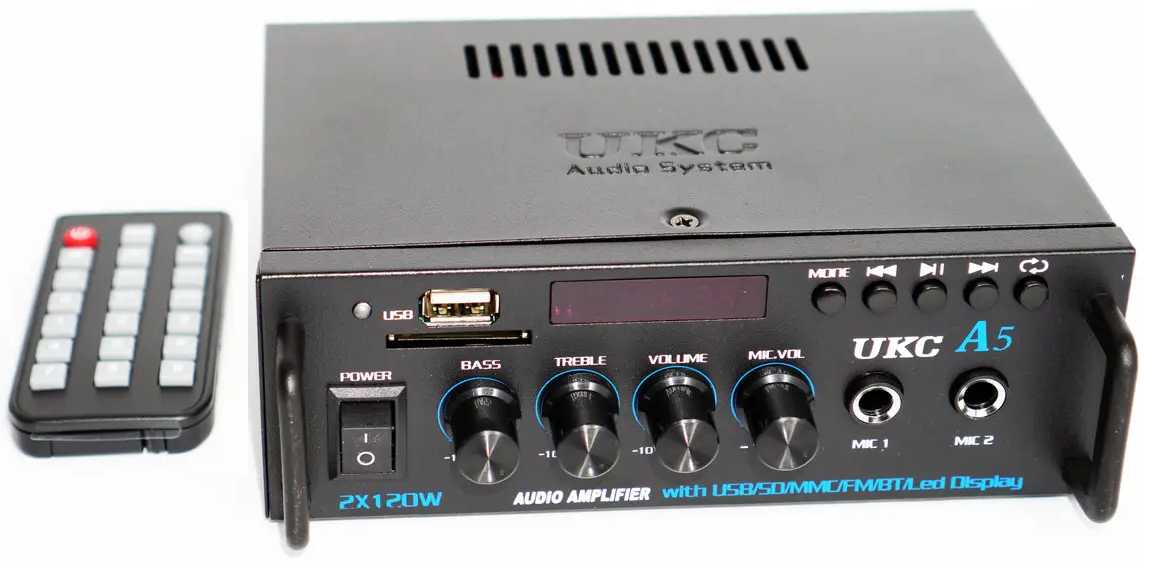 Підсилювач потужності звуку Bluetooth/USB/SD/FM/MP3/караоке 2х канальний 2x120W UKC A5 (29510277)