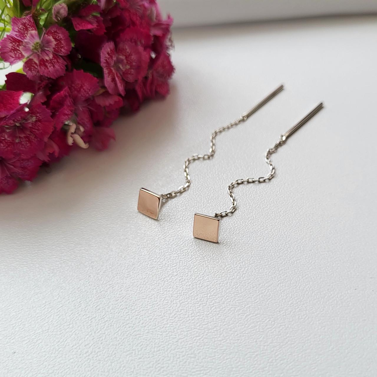 Сережки протяжки з золотою пластиною Квадрат зі срібла 925 проба золото 375 проба (АРТ. 628/1)