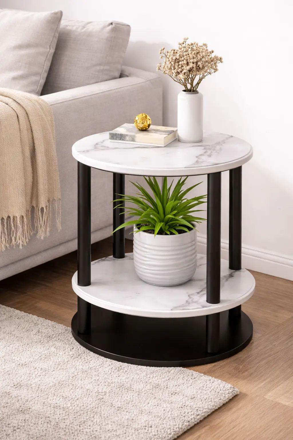 Столик интерьерный журнальный 2-уровневый AND-1934 круглый с мраморной текстурой Белый