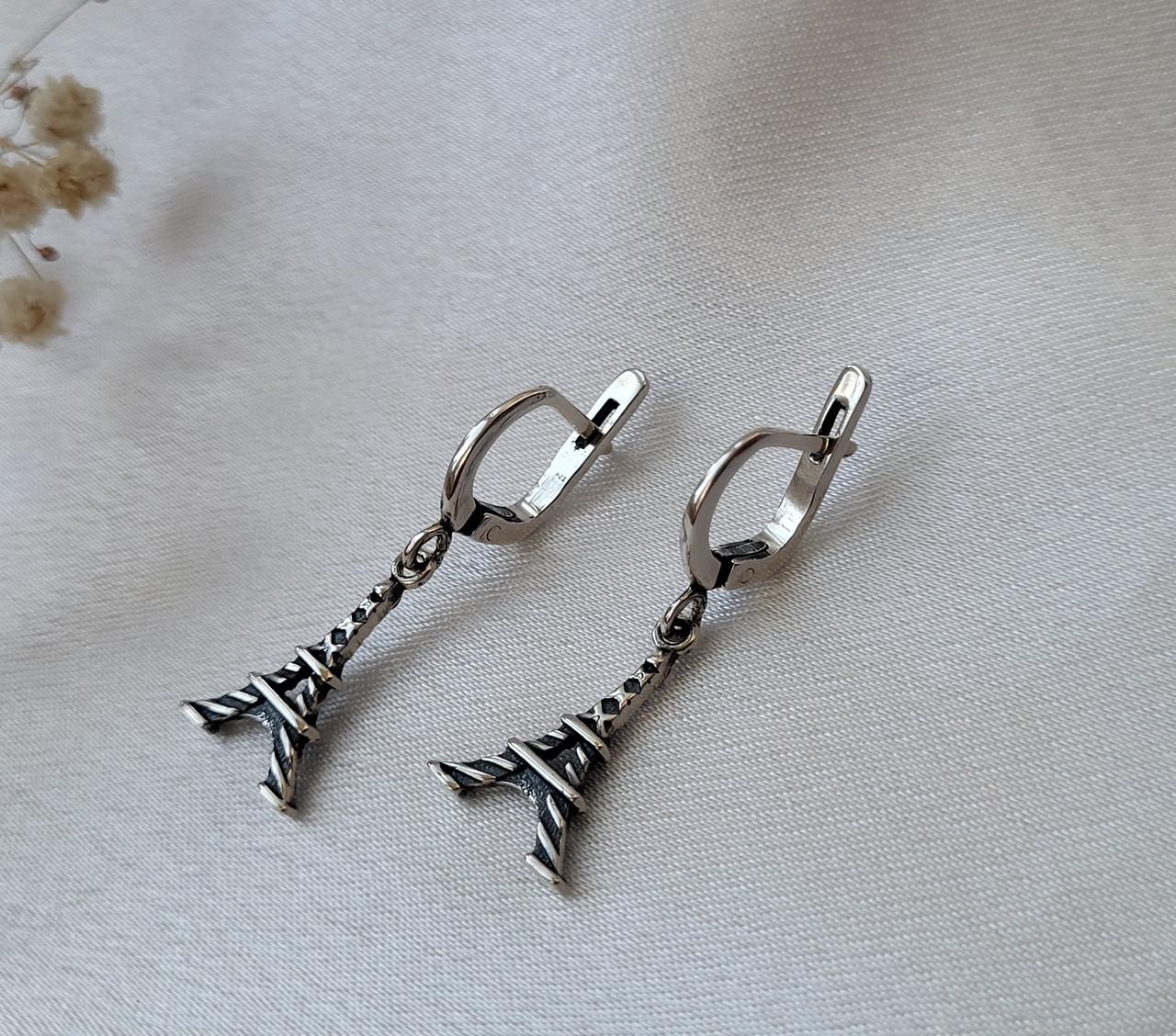 Серьги с подвеской без камней Париж Черненое Серебро 925 пробы 3,37 г (2375)