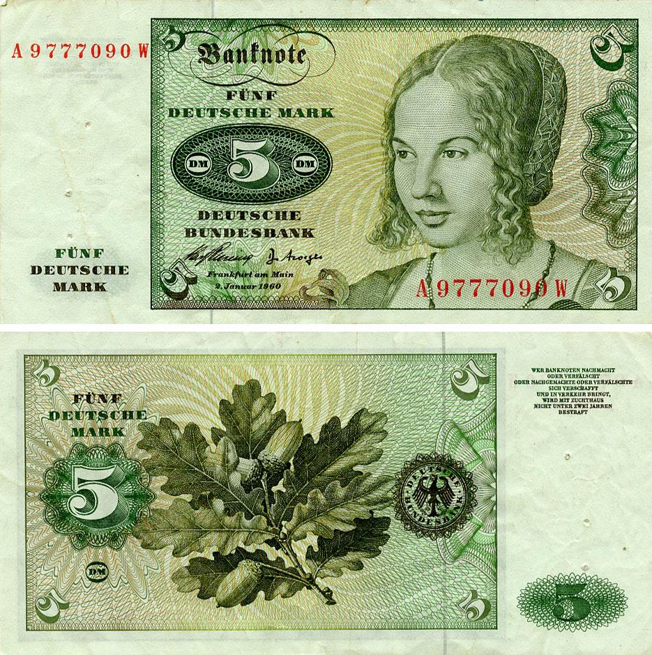 Колекційна банкнота Німеччина 5 марок 1960 F-VF ФРН P18 (Б25140)